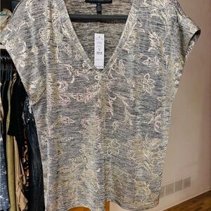 White House Black Market Silver Gray Cap Sleeve V-Neck Blouse